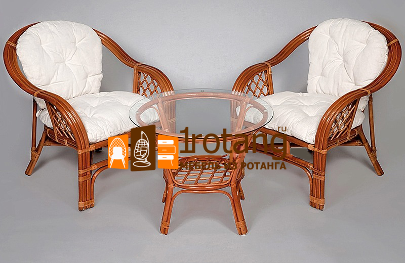 Комплект мебели для террасы Маркос Дуэт тройного плетения коньяк (цвет подушки: Белая)